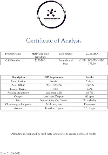 Methylene Blue Pharmaceutical Grade, USP Grade, Third-Party Tested Dietary Supplement for Humans, No Formaldehyde, Made in USA (0.5% 50ml Bottle)