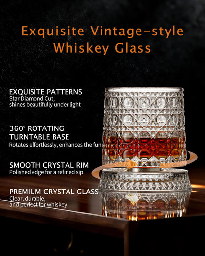 4-Pack Rotating Crystal Whiskey Glasses with4 Ice Ball Molds & Gift Box