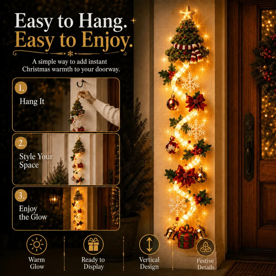 ⏳ Last Day 49% OFF –🎄MerryCascade™ Glowing Christmas Door Hanger | 6 Festive Lighted Designs with Warm Glow, Dimensional Details & Space-Saving Vertical Décor