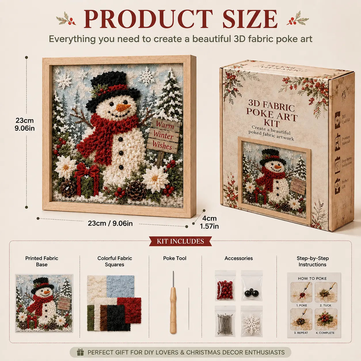 3D Christmas Fabric Poke Art Kit - DIY Snowman Embroidery Artwork, Handmade Holiday Wall Decor Gift for Adults & Beginners