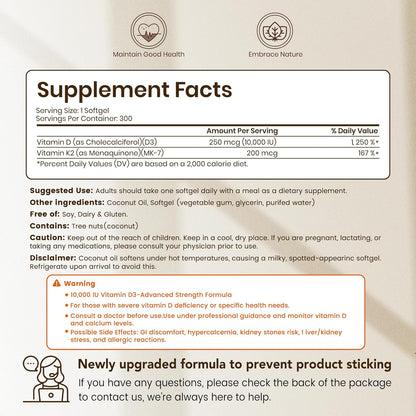 VEV Corefeel Vitamin D3 K2 10,000 IU, 200 mcg MK-7, 300 Coconut Oil Softgels, 2 in 1 Vitamins Supplement D & K (Include MK7), Easy to Swallow, Supports Calcium Absorption, Bone Health