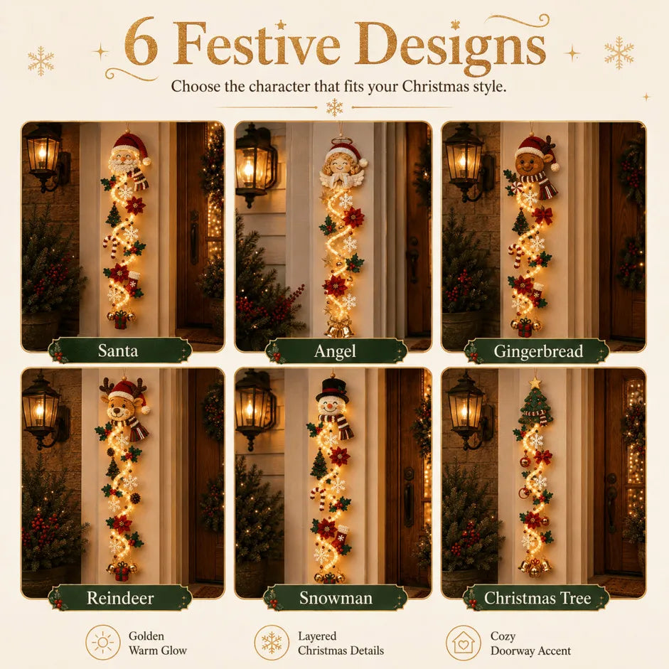 ⏳ Last Day 49% OFF –🎄MerryCascade™ Glowing Christmas Door Hanger | 6 Festive Lighted Designs with Warm Glow, Dimensional Details & Space-Saving Vertical Décor