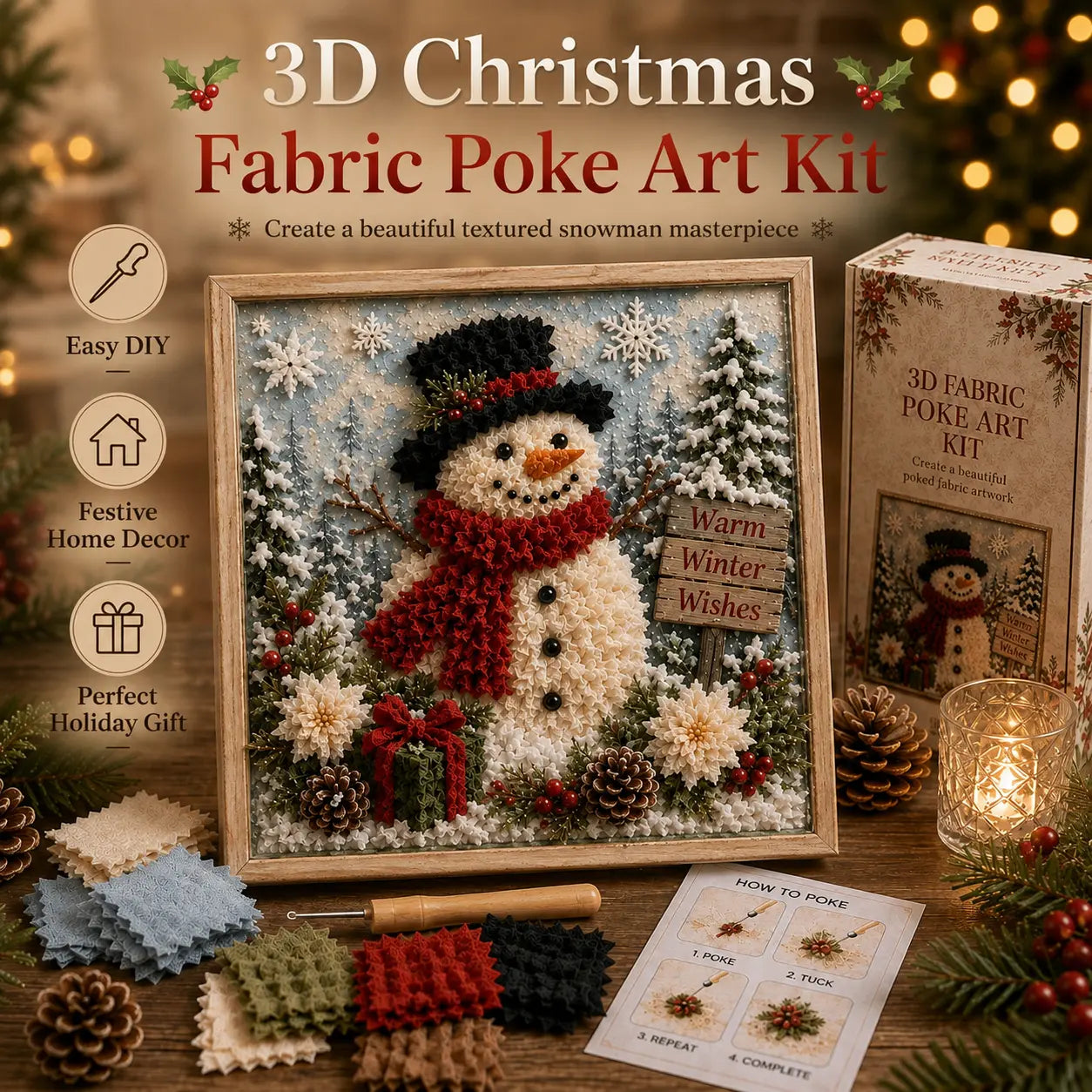 3D Christmas Fabric Poke Art Kit - DIY Snowman Embroidery Artwork, Handmade Holiday Wall Decor Gift for Adults & Beginners