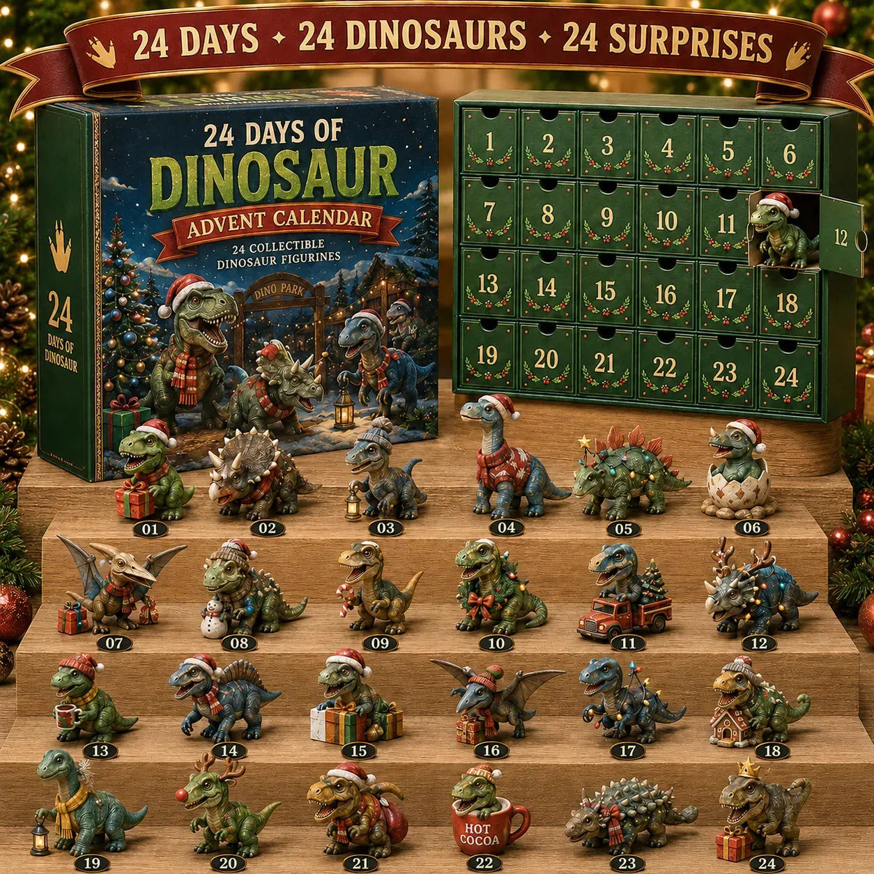 24 Days of Dinosaur Christmas Advent Calendar – 24 Collectible Dino Figurines & Holiday Surprises